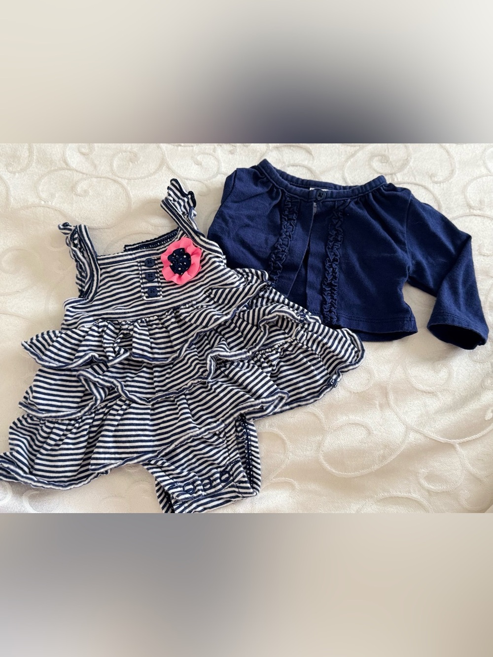 NWOT Carters Baby Girl Navy Stripe Ruffle Romper Cardigan Set NB